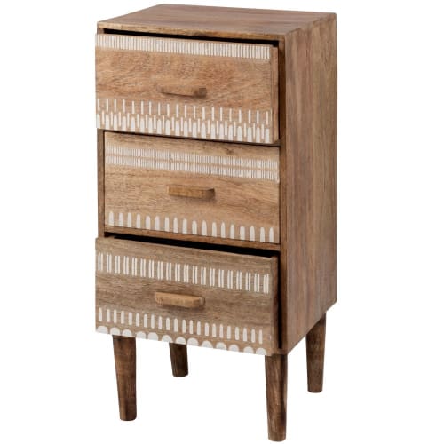 Petit meuble de rangement 3 tiroirs en manguier à motifs blancs ZORA