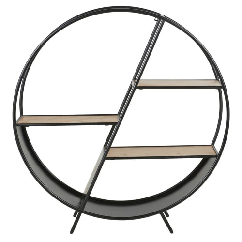Pine and black metal round free-standing shelving unit