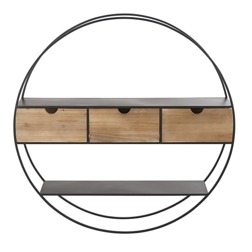 Pine and black metal round wall-mounted shelving unit