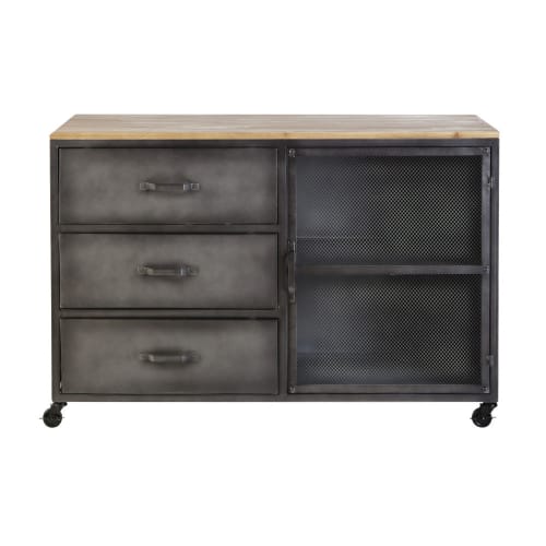 Kids Children's chests of drawers | Pine and Metal 3-Drawer 1-Door Storage Cabinet - HF08142