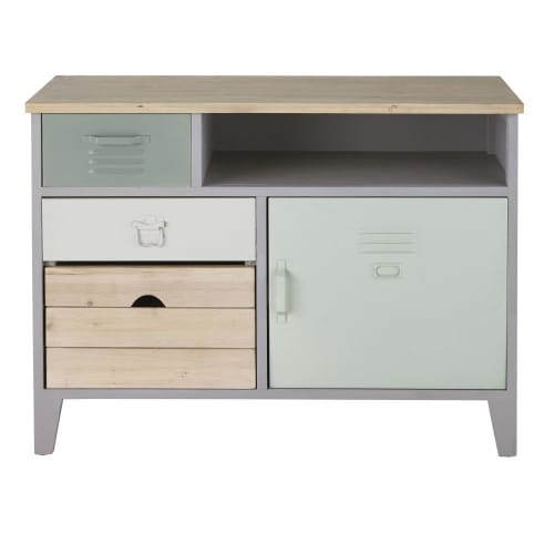 Pine And Metal 3 Drawer 1 Door Storage Cabinet Dino Maisons Du Monde