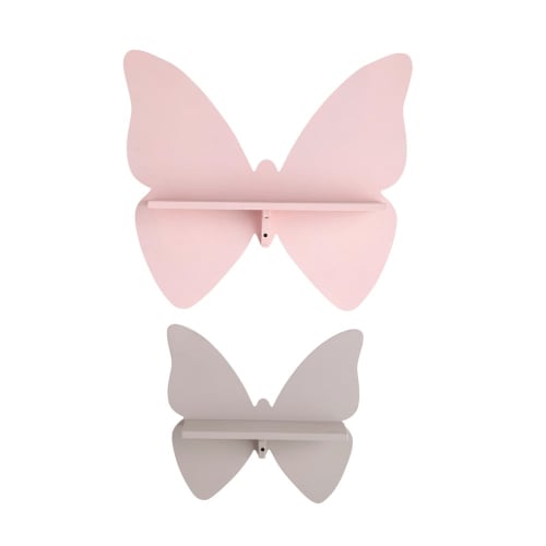 Kids Children's bookcases & shelves | Pink and Taupe Butterfly Wall Shelves (x2) - DN50604