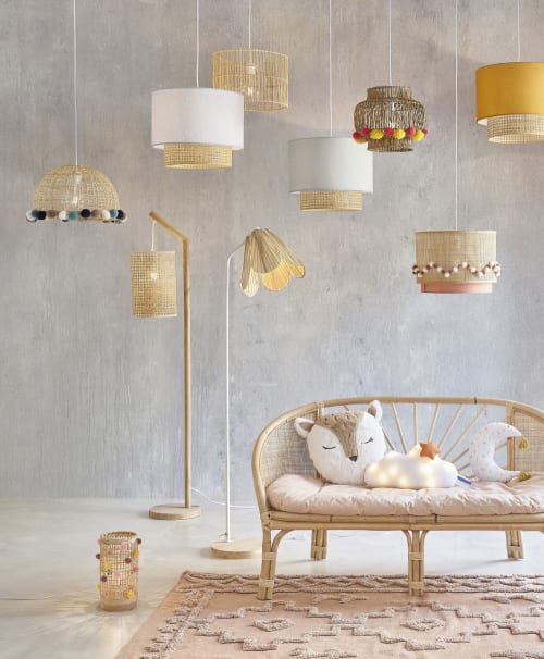 Pink pendant light lampshade in beige rattan with pom poms LOUNA | Maisons  du Monde