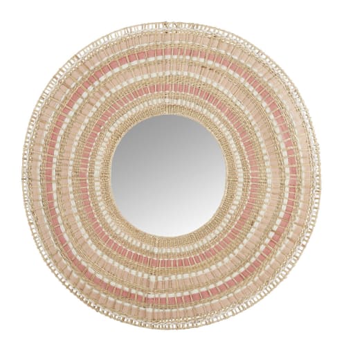 Decor Mirrors | Pink, white, beige and gold-coloured cotton and plant fibre mirror 102x101cm - IY98409