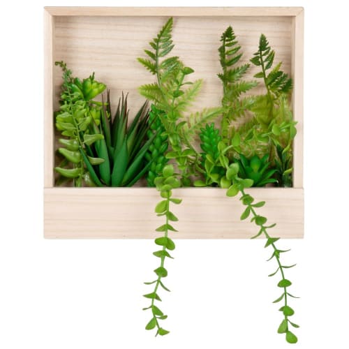Plant wall art with beige wood frame