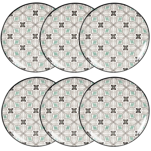 Plato plano de gres con motivos gráficos azul grisáceo, verde y blanco - Lote de 6