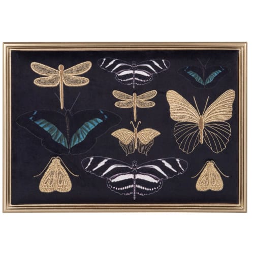 Printed artwork with embroidered insects on black velvet 41x28cm