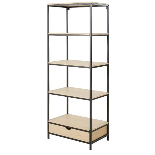 Oak Industrial Shelving Unit, Black Metal Bookcase With Drawers