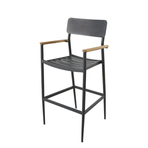 Professional-Quality Anthracite Grey Metal and Teak Armchair