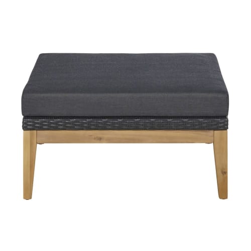 Pufe para sofá de jardim modular em resina entrançada cinzento-antracite e acácia maciça
