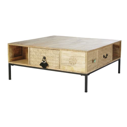 Quadratischer Couchtisch mit 4 Schubladen aus massivem Mangoholz und