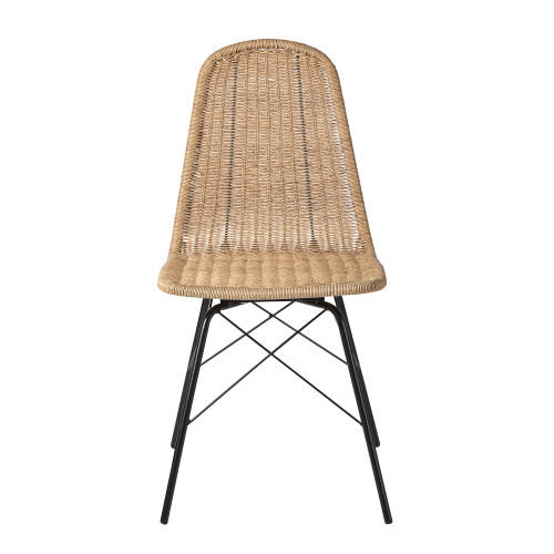 Rattan Effect Resin Wicker And Black Metal Garden Chair