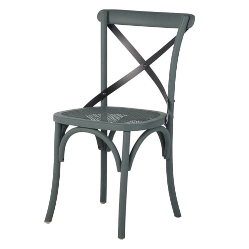 Möbel Stühle und Esszimmerstühle | Rattanstuhl mit überkreuzter Lehne, matt-dunkelgrüne Birke und schwarzes Metall - QF47717
