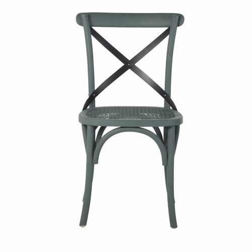 Möbel Stühle und Esszimmerstühle | Rattanstuhl mit überkreuzter Lehne, matt-dunkelgrüne Birke und schwarzes Metall - QF47717