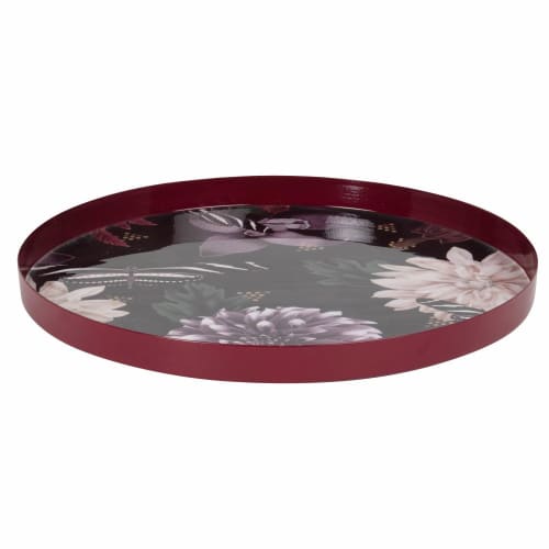 Red metal tray with floral print D31cm