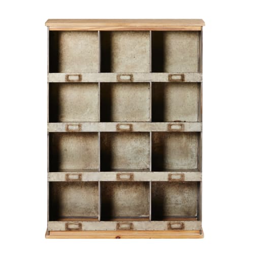 Möbel Regale | Regal mit 12 Ablagefächern aus Tannenholz und Metall - HE09878