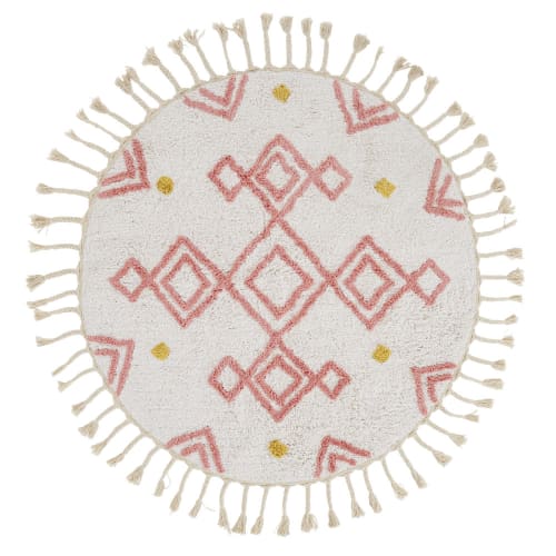 Round Berber rug in ecru, pink and mustard yellow cotton print D120cm