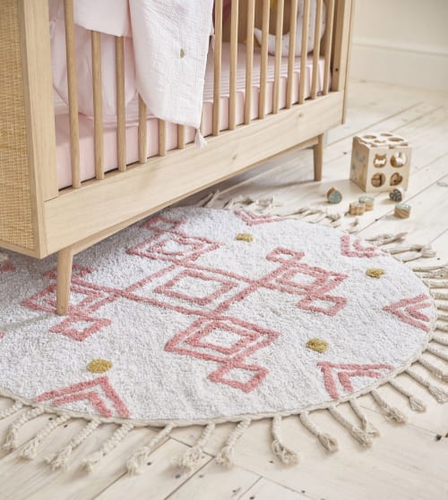 Round Berber rug in ecru, pink and mustard yellow cotton print D120cm