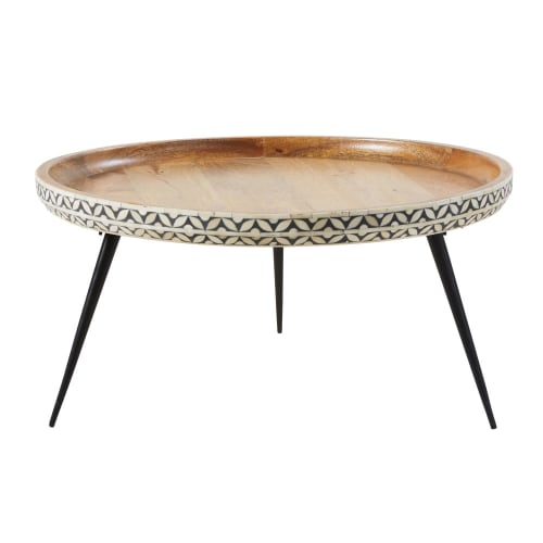 Business Coffee tables | Round Black Metal and Carved Solid Mango Wood Coffee Table - PD07560