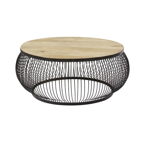 Round Black Metal And Solid Mango Wood, Metal And Wood Coffee Table Round