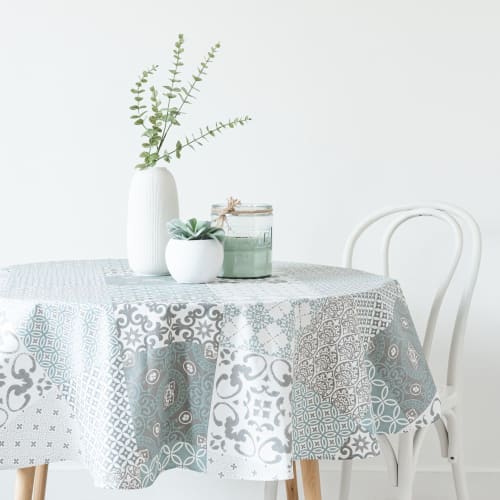 Soft furnishings and rugs Tablecloths & napkins | Round coated cotton tablecloth in white, grey and blue D60cm - XJ90362