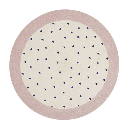 Kids Children's rugs | Round cotton rug in beige and pink with blue triangle print D120cm - GY37693