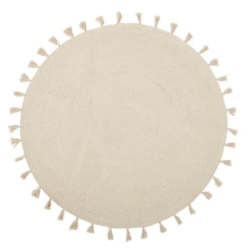 Round Ecru Braided Rug with Tassels D100 NINA Maisons du Monde
