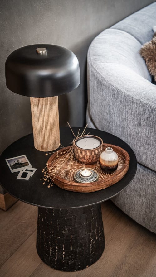 Round Side Table In Black Mango Wood, Round Lounge Side Tables