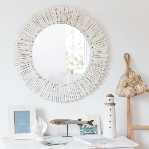 Round Whitewashed Paulownia Mirror D76 Crozon | Maisons du Monde