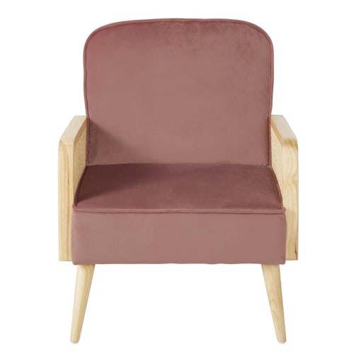 Roze fluwelen fauteuil met vlechtwerk van rotan Ambre Maisons du Monde