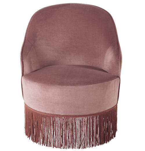 Roze fluwelen vintage fauteuil met franjes Sally Maisons du Monde