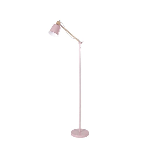 Roze verstelbare staande lamp van metaal en heveahout H149