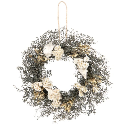 Dekoration Knöpfe und Türdeko | Runde Hängeleuchte aus Pflanzenfasern mit weißen Blumen - GD35900