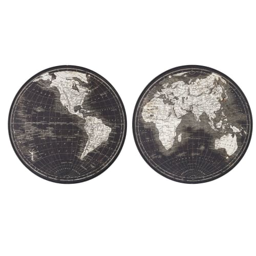 Runde Leinwandbilder mit Weltkartendruck, schwarz und beige, D78cm, Set aus 2