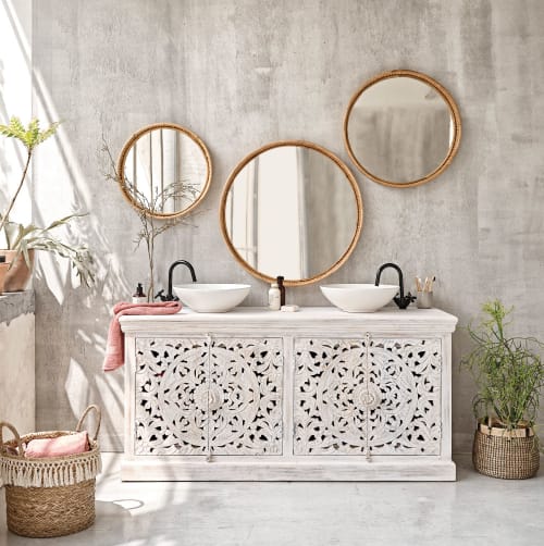 Dekoration Wandspiegel und Barock Spiegel | Runde Spiegel aus beigefarbenem Bambus, Set aus 3 - PJ27246