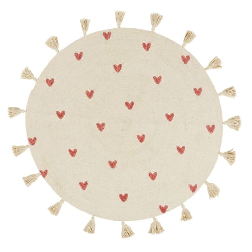 Kids Teppiche für Kinder | Runder Baumwollteppich mit Herzchenaufdruck und beigefarbenen Bommeln - FD90454