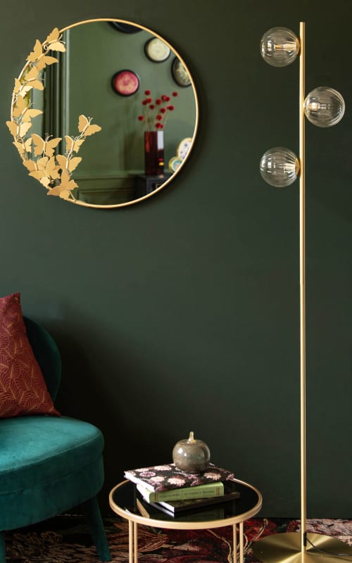 Runder Spiegel mit Schmetterlingen aus goldfarbenem Metall, D62cm