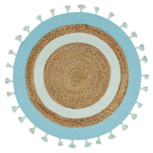 Kids Teppiche für Kinder | Runder Teppich aus Jute und Baumwolle mit blauen Bommeln - IY43262