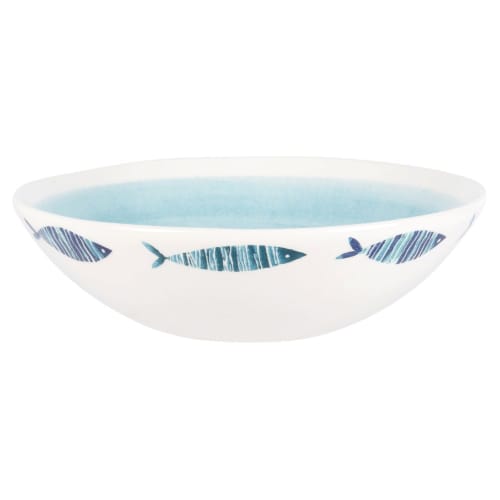Tischkultur Etagere und Obstschale | Salatschüssel aus Fayence, weiß und blau mit aufgedruckten Fischen - UR21117