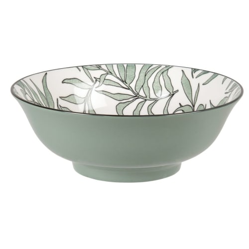 Tischkultur Etagere und Obstschale | Salatschüssel aus weißem Porzellan mit grünem Pflanzenmotiv, D21cm - WR91180