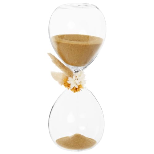 Sanduhr aus Glas mit Trockenblumenverzierung