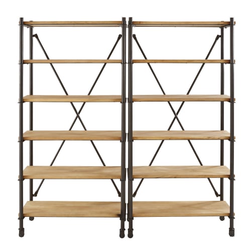 Scaffale Doppio In Metallo Nero E Legno Massello Di Mango Archibald Maisons Du Monde