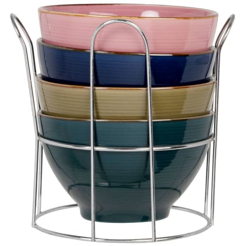 Tischkultur Tassen und Becher | Schälchen aus Fayence, rosa, marineblau, khaki, blaugrün, Set aus 4 mit Metallhalter - YS73077