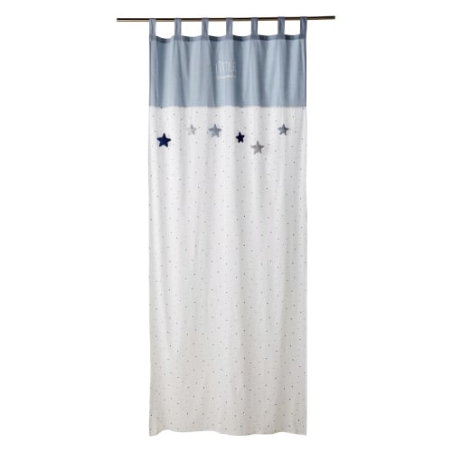 Schlaufenvorhang aus Baumwolle, weiß und blau mit Druckmuster, 1 Vorhang 110x250