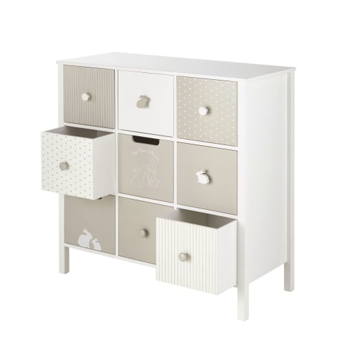 Schränkchen mit 9 Schubladen, weiß und taupefarben mit Motiven Bulle