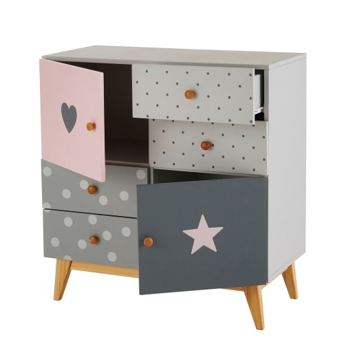 Schrank mit 2 Türen und 4 Schubladen, grau und rosa April | Maisons du