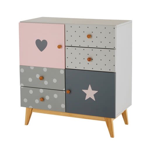 Schrank mit 2 Türen und 4 Schubladen, grau und rosa April | Maisons du