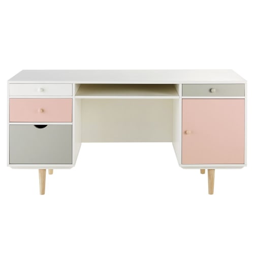 Schreibtisch, 1 Tür, 4 Schubladen, weiß, grau und rosa