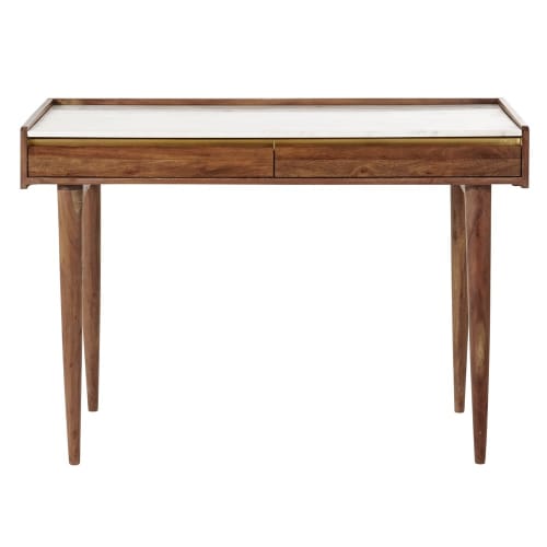 Schreibtisch aus massivem Akazienholz und weißem Marmor