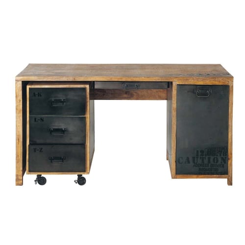 Möbel Schreibtische | Schreibtisch aus massivem Mangoholz und Metall - HH22459